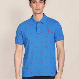 U.S. Polo Assn. Blue Slim Fit Printed Cotton Polo T-Shirt-image-8