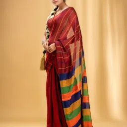 CHARUKRITI Brick Red Cotton Striped Saree With Unstitched Blouse image 3