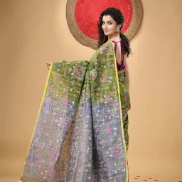 Desh Bidesh Green & Grey Printed Saree With Unstitched Blouse image 2