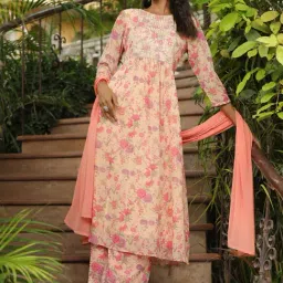 Janasya Peach Georgette Floral Suite Set-image-22