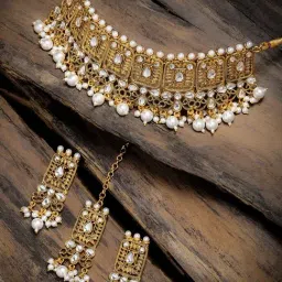 Zaveri Pearls Antique Gold Tone Kundan And Pearls Choker Necklace Earring Maangtikka Set-ZPFK8965-picture-32