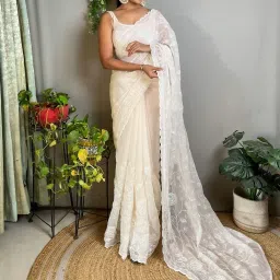 Saree Mall White Embellished Sarees With Unstitched Blouse image 2