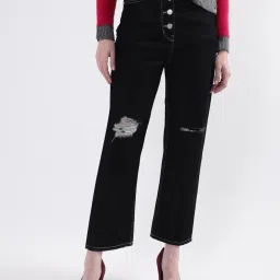 Elle Black Straight Fit Mid Rise Lightly Washed Jeans image 1