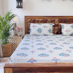 Urban Space Divine Tradition Bliss Blue Cotton 144 TC Queen Bedsheet With Pillow Covers-image-16