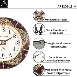 ARTYPILLAR 18In Wooden Frame with Brass Emboss Work and 12In Dome Glass Dial Wall Clock image 3