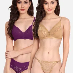 fims FIMS: Fashion is my Style Beige & Purple Lace Work Lingerie Set - Pack Of 2-picture-31