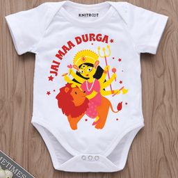 KNITROOT Durga Pooja Theme Half Sleeves Jai MAA Durga Printed Onesie - White-picture-10