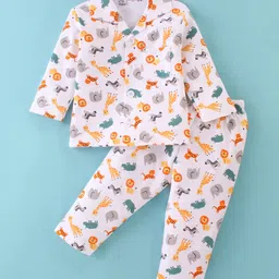 Little Darlings Cotton Knit Full Sleeves Night Suit With Animals Print - White-picture-14