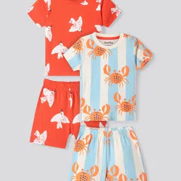 Bonfino Cotton Knit Half Sleeves T-Shirts & Shorts Sets with Crab & Bird Print Pack of 2 - White & Orange-image-30