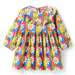 Babyhug Cotton Knit Full Sleeves Frock with Frill Detailaing & Floral Print - Yellow Green & Blue-picture-17
