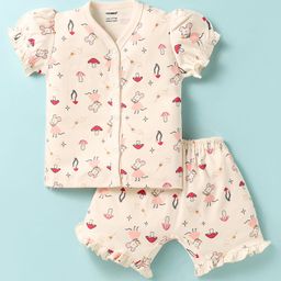 CUCUMBER Sinker Knit Puffed Sleeves Shorts Co-ords Night Suit with Mouse Print - Offwhite-picture-20