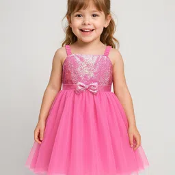 Babyhug Woven Sleeveless Mesh Party Dress With Sequinned Yoke & Bow Applique - Pink-image-63