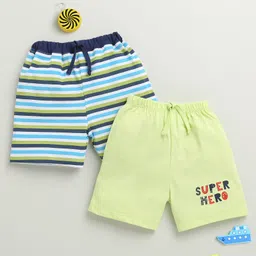 BUMZEE Cotton Knit Above Knee Length Striped & Text Printed Shorts Pack of 2 - Light Green & Multicolor-image-32
