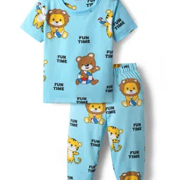Babyhug Cotton Knit Half Sleeves Co-ords Night Suit with Animal Print - Light Blue-picture-11