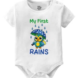Baby Buzz Monsoon Theme 100% Cotton Half Sleeves My First Rains Text Printed Onesie - White-picture-17