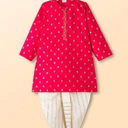 Babyhug Brocade Full Sleeves Foil Printed Kurta Dhoti Set with Lace Detailing - Red image 1