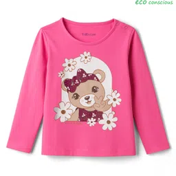 Babyoye 100% Cotton Solid Dyed Full Sleeves T-Shirt with Bear & Floral Print - Pink-image-65