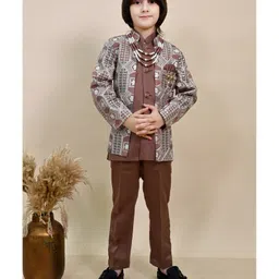 BT DEZINES Satin Woven Solid Sherwani Trouser With Full Sleeves Geometric Embroidered Jacket & Necklace Set - Coffee Brown-picture-37