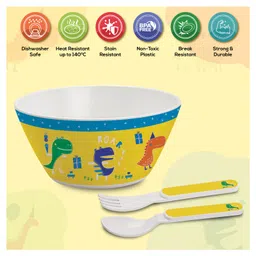 Cello Kidzbee Cone Bowl with Spoon and Fork Dino Print - Yellow image 2