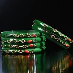 1ST TIME Set Of 12 Green Alloy Artificial Stones & Beads Antique Bangles image 4