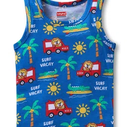 Babyhug 100% Cotton Knit Antibacterial Sleeveless Sandos with Stripes & Vehicle Print Pack of 3 - Navy Blue Red & Yellow image 4