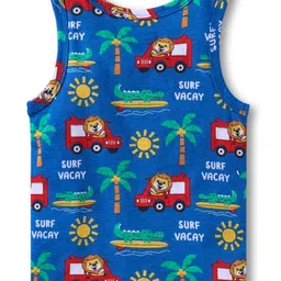 Babyhug 100% Cotton Knit Antibacterial Sleeveless Sandos with Stripes & Vehicle Print Pack of 3 - Navy Blue Red & Yellow image 5