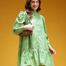 HERE&NOW Printed Puff Sleeves Cotton Drop-Waist Dress-picture-24