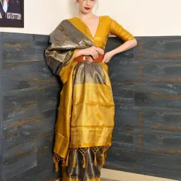 Odette Grey & Mustard Woven Saree With Unstitched Blouse image 2
