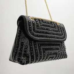 HauteSauce Black & Silver Studded Medium Leather Cross Body Bag-image-69