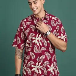 showoffff Showoff Maroon Cotton Slim Fit Floral Print Shirt image 2