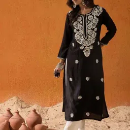 Indo Era Black Embroidered Straight Kurta-image-4