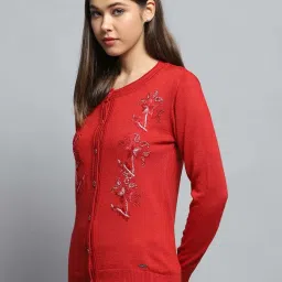 Monte Carlo Women's Red Self Design Round Neck Full Sleeve Cardigan image 2