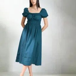 VIRGIO Blue Cotton Solid Short Sleeves Dress-image-84