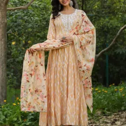 SCAKHI Peach Cotton Printed Maxi Gown With Dupatta image 3