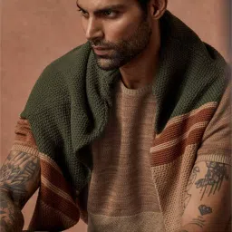 Andamen Khaki Cotton Regular Fit Self Pattern T-Shirt image 3