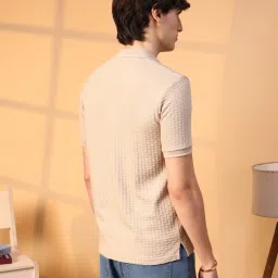Campus Sutra Beige Regular Fit Self Pattern Polo T-Shirt image 2