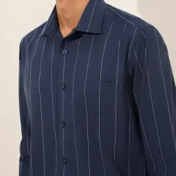 WES Formals by Westside Navy Striped Relaxed-Fit Cotton Shirt image 4