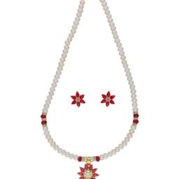 Sri Jagdamba Pearls Abdhija Red & White Pearl CZ Necklace Set-picture-20