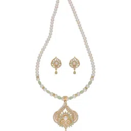 Sri Jagdamba Pearls Fatehjit Green & White Pearl CZ Necklace Set-picture-25