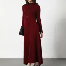 SHOWOFFFF Maroon Cotton Solid A-Line Dress image 5