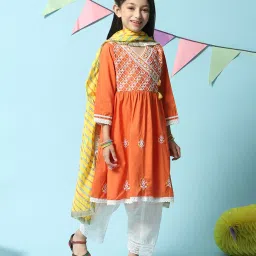 BIBA Girls Orange & White Embroidered Kurta with Sharara image 3