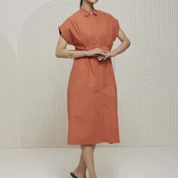 Artagai Orange Elevated Basics Pleated Shirt Dress with Concealed Placket image 3