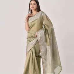 Sutra Attire Olive Green Ranisa Edit Banarasi Handwoven Tissue Saree with Unstitched Blouse Piece image 2