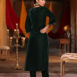 Juniper Jade Green Ethnic Motif Printed Velvet Straight Kurta & Pants Set With Zari Work Embroidery image 2