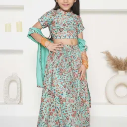 Little Bansi Green Cotton Floral Print Lehenga Set image 3