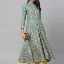 YASH GALLERY Turquoise Floral Print Flared Kurta image 4
