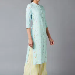 W Blue Woven Pattern Straight Kurta image 4