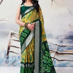 Satrani Yellow Floral Print Saree With Unstitched Blouse-picture-16