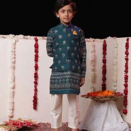 VASTRAMAY Boys Navy Printed Full Sleeves Kurta Sets-picture-20