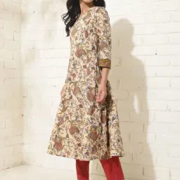 Fabindia Beige Cotton Hand Block Printed Slim Fit Long Kurta image 3